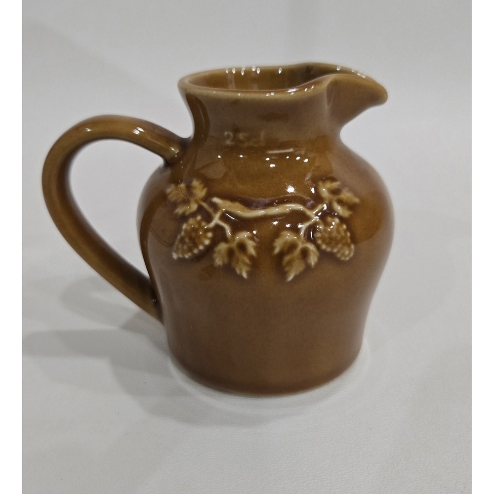 Vintage Brown Glazed Stoneware Jug Hops Vine Relief Shield Crest Small Pitcher
